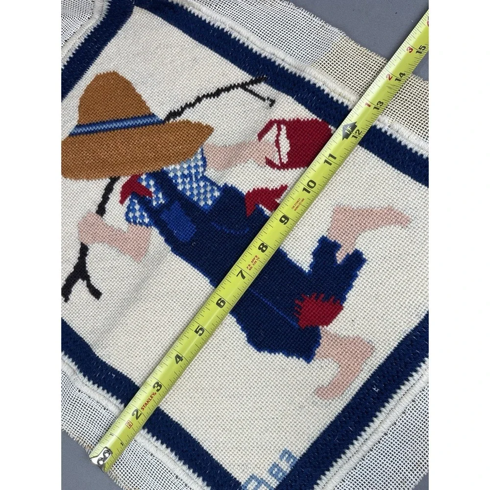 Vintage Completed Needlepoint Canvas Boy With Hat Gone Fishing 11.5